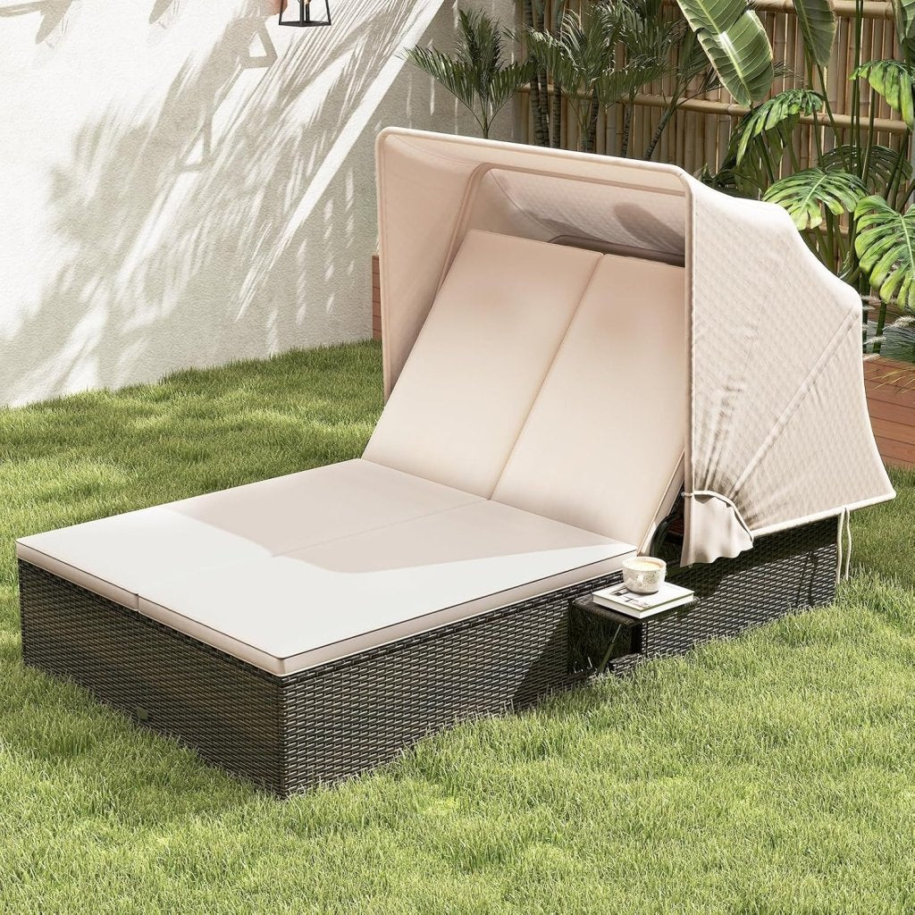 RELAX4LIFE Outdoor Daybed with Retractable Canopy - Wicker Double Chaise Lounge w/6 - Position Backrest, 2 Folding Side Trays & Cushions, 2 - Seater Loveseat Sunbed for Backyard, Rattan Patio Bed Lounger - Wigtrends