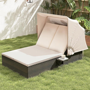 RELAX4LIFE Outdoor Daybed with Retractable Canopy - Wicker Double Chaise Lounge w/6 - Position Backrest, 2 Folding Side Trays & Cushions, 2 - Seater Loveseat Sunbed for Backyard, Rattan Patio Bed Lounger - Wigtrends