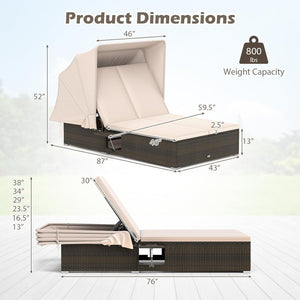 RELAX4LIFE Outdoor Daybed with Retractable Canopy - Wicker Double Chaise Lounge w/6 - Position Backrest, 2 Folding Side Trays & Cushions, 2 - Seater Loveseat Sunbed for Backyard, Rattan Patio Bed Lounger - Wigtrends