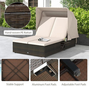 RELAX4LIFE Outdoor Daybed with Retractable Canopy - Wicker Double Chaise Lounge w/6 - Position Backrest, 2 Folding Side Trays & Cushions, 2 - Seater Loveseat Sunbed for Backyard, Rattan Patio Bed Lounger - Wigtrends