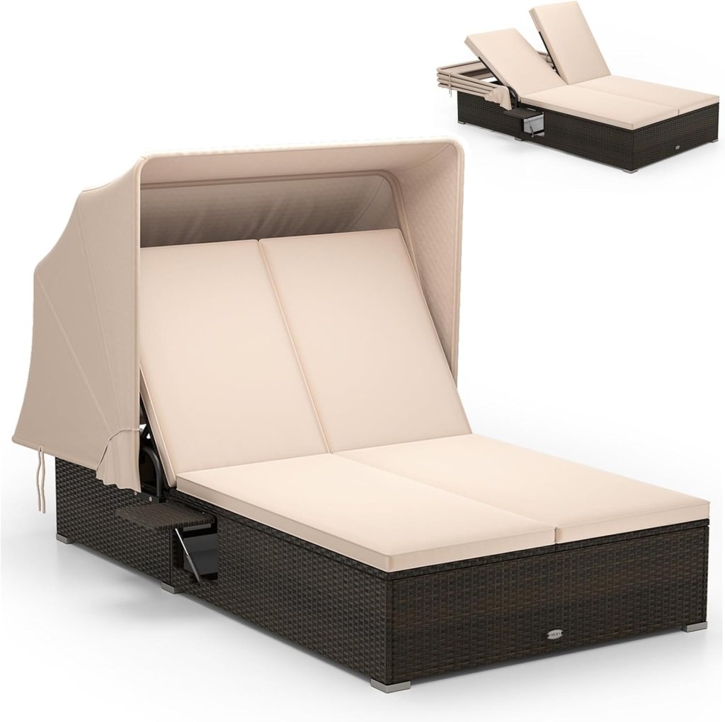 RELAX4LIFE Outdoor Daybed with Retractable Canopy - Wicker Double Chaise Lounge w/6 - Position Backrest, 2 Folding Side Trays & Cushions, 2 - Seater Loveseat Sunbed for Backyard, Rattan Patio Bed Lounger - Wigtrends