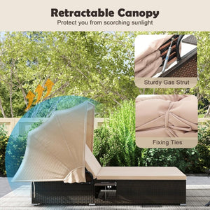 RELAX4LIFE Outdoor Daybed with Retractable Canopy - Wicker Double Chaise Lounge w/6 - Position Backrest, 2 Folding Side Trays & Cushions, 2 - Seater Loveseat Sunbed for Backyard, Rattan Patio Bed Lounger - Wigtrends