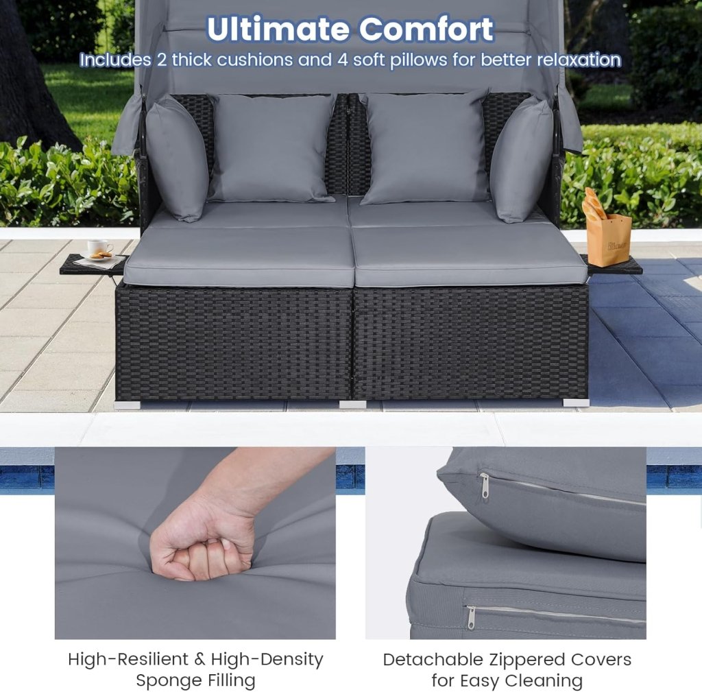 RELAX4LIFE Patio Outdoor Daybed with Canopy, Wicker Sunbed w/Cushions, 4 Pillows & 2 Retractable Side Trays, 2 - Person Lounge Bed Conversation for Poolside Porch Garden, Rattan Outdoor Bed (Turquoise) - Wigtrends