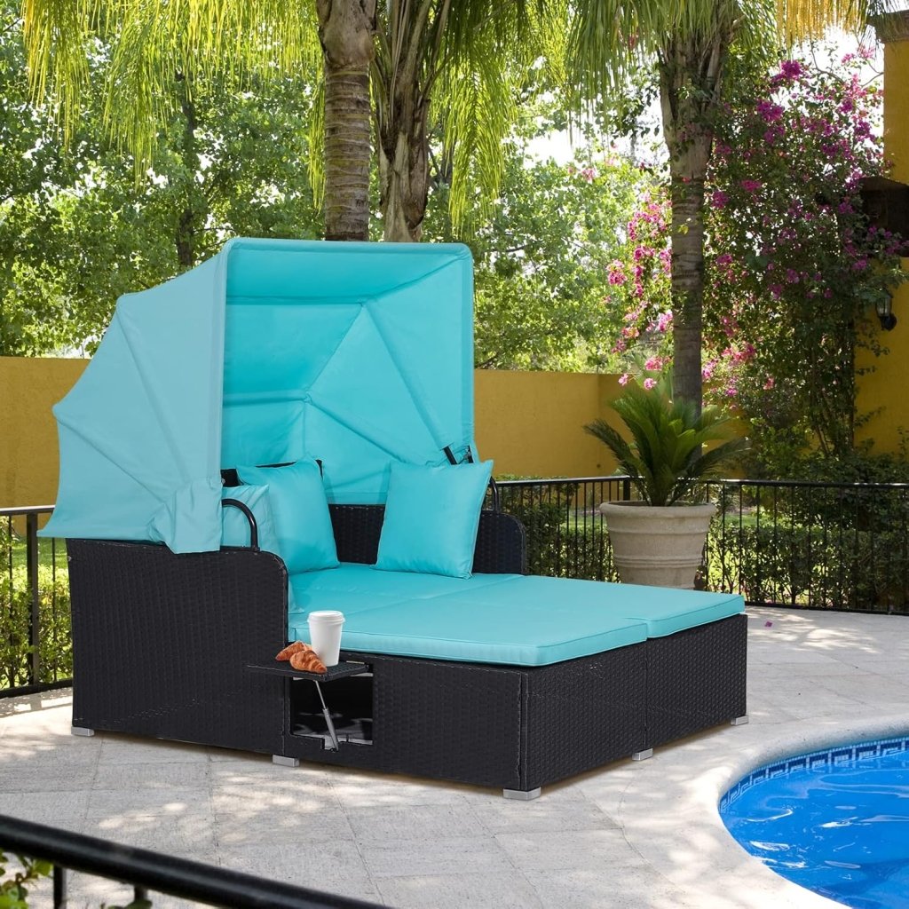 RELAX4LIFE Patio Outdoor Daybed with Canopy, Wicker Sunbed w/Cushions, 4 Pillows & 2 Retractable Side Trays, 2 - Person Lounge Bed Conversation for Poolside Porch Garden, Rattan Outdoor Bed (Turquoise) - Wigtrends