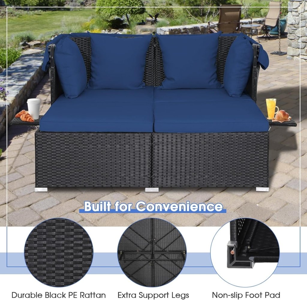 RELAX4LIFE Patio Outdoor Daybed with Canopy, Wicker Sunbed w/Cushions, 4 Pillows & 2 Retractable Side Trays, 2 - Person Lounge Bed Conversation for Poolside Porch Garden, Rattan Outdoor Bed (Turquoise) - Wigtrends