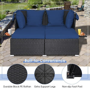 RELAX4LIFE Patio Outdoor Daybed with Canopy, Wicker Sunbed w/Cushions, 4 Pillows & 2 Retractable Side Trays, 2 - Person Lounge Bed Conversation for Poolside Porch Garden, Rattan Outdoor Bed (Turquoise) - Wigtrends