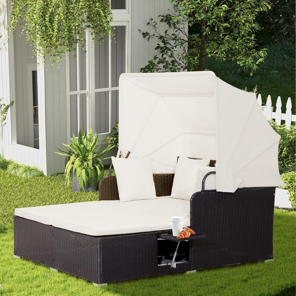 RELAX4LIFE Patio Outdoor Daybed with Canopy, Wicker Sunbed w/Cushions, 4 Pillows & 2 Retractable Side Trays, 2 - Person Lounge Bed Conversation for Poolside Porch Garden, Rattan Outdoor Bed (Turquoise) - Wigtrends