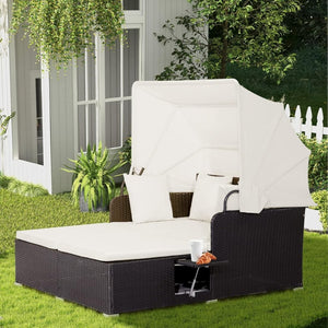 RELAX4LIFE Patio Outdoor Daybed with Canopy, Wicker Sunbed w/Cushions, 4 Pillows & 2 Retractable Side Trays, 2 - Person Lounge Bed Conversation for Poolside Porch Garden, Rattan Outdoor Bed (Turquoise) - Wigtrends
