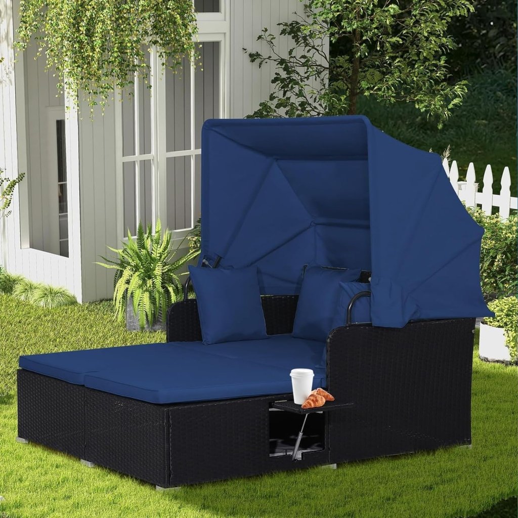 RELAX4LIFE Patio Outdoor Daybed with Canopy, Wicker Sunbed w/Cushions, 4 Pillows & 2 Retractable Side Trays, 2 - Person Lounge Bed Conversation for Poolside Porch Garden, Rattan Outdoor Bed (Turquoise) - Wigtrends
