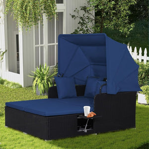 RELAX4LIFE Patio Outdoor Daybed with Canopy, Wicker Sunbed w/Cushions, 4 Pillows & 2 Retractable Side Trays, 2 - Person Lounge Bed Conversation for Poolside Porch Garden, Rattan Outdoor Bed (Turquoise) - Wigtrends