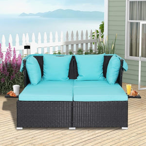 RELAX4LIFE Patio Outdoor Daybed with Canopy, Wicker Sunbed w/Cushions, 4 Pillows & 2 Retractable Side Trays, 2 - Person Lounge Bed Conversation for Poolside Porch Garden, Rattan Outdoor Bed (Turquoise) - Wigtrends