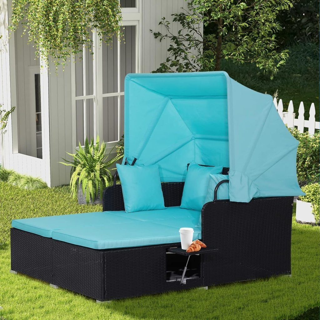 RELAX4LIFE Patio Outdoor Daybed with Canopy, Wicker Sunbed w/Cushions, 4 Pillows & 2 Retractable Side Trays, 2 - Person Lounge Bed Conversation for Poolside Porch Garden, Rattan Outdoor Bed (Turquoise) - Wigtrends