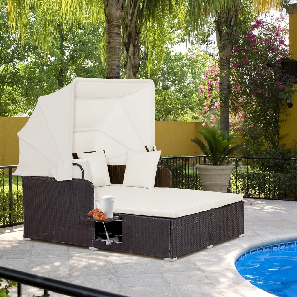RELAX4LIFE Patio Outdoor Daybed with Canopy, Wicker Sunbed w/Cushions, 4 Pillows & 2 Retractable Side Trays, 2 - Person Lounge Bed Conversation for Poolside Porch Garden, Rattan Outdoor Bed (Turquoise) - Wigtrends
