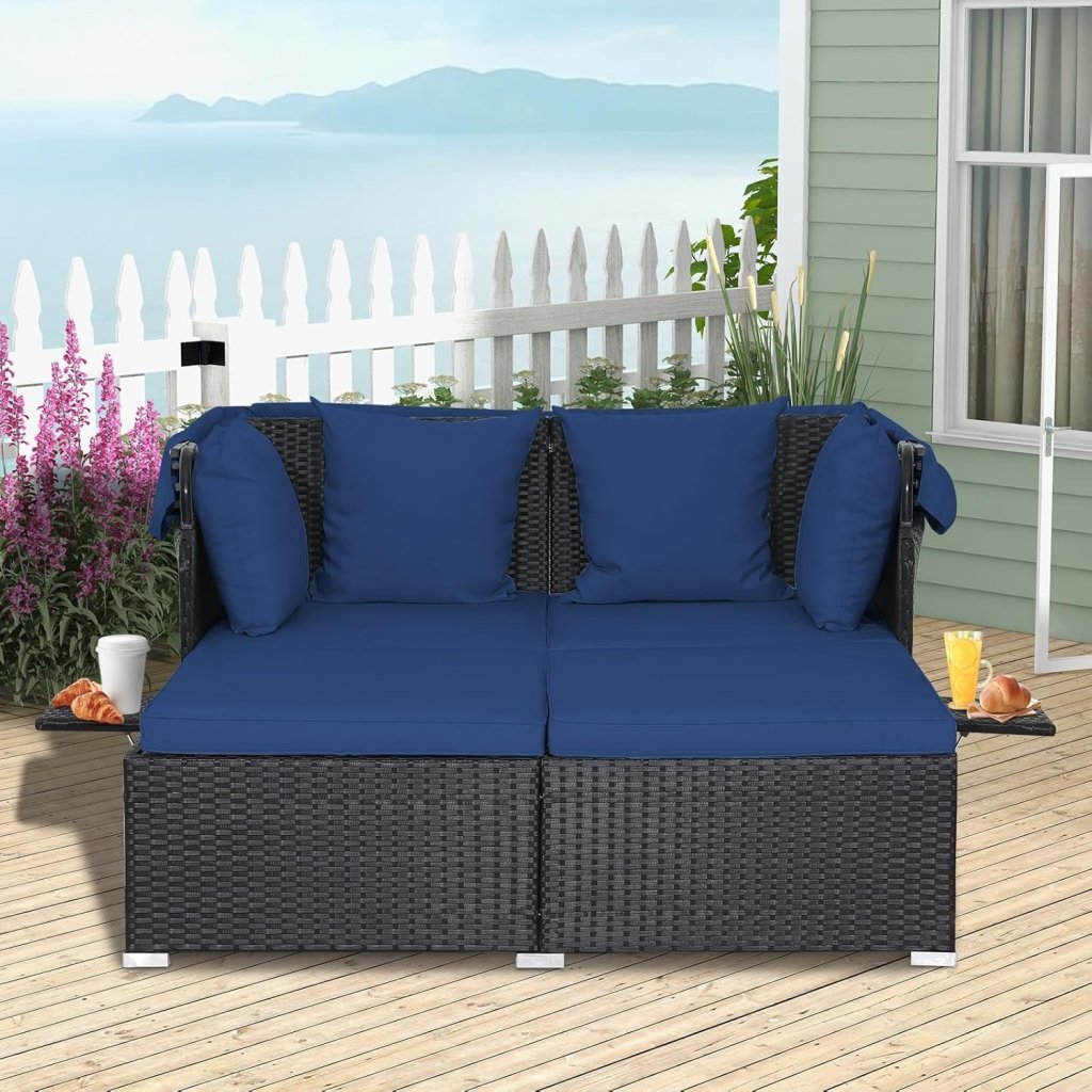 RELAX4LIFE Patio Outdoor Daybed with Canopy, Wicker Sunbed w/Cushions, 4 Pillows & 2 Retractable Side Trays, 2 - Person Lounge Bed Conversation for Poolside Porch Garden, Rattan Outdoor Bed (Turquoise) - Wigtrends