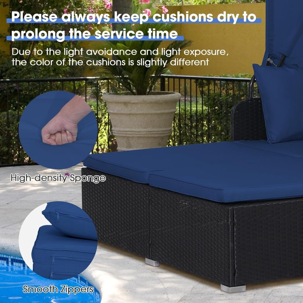RELAX4LIFE Patio Outdoor Daybed with Canopy, Wicker Sunbed w/Cushions, 4 Pillows & 2 Retractable Side Trays, 2 - Person Lounge Bed Conversation for Poolside Porch Garden, Rattan Outdoor Bed (Turquoise) - Wigtrends