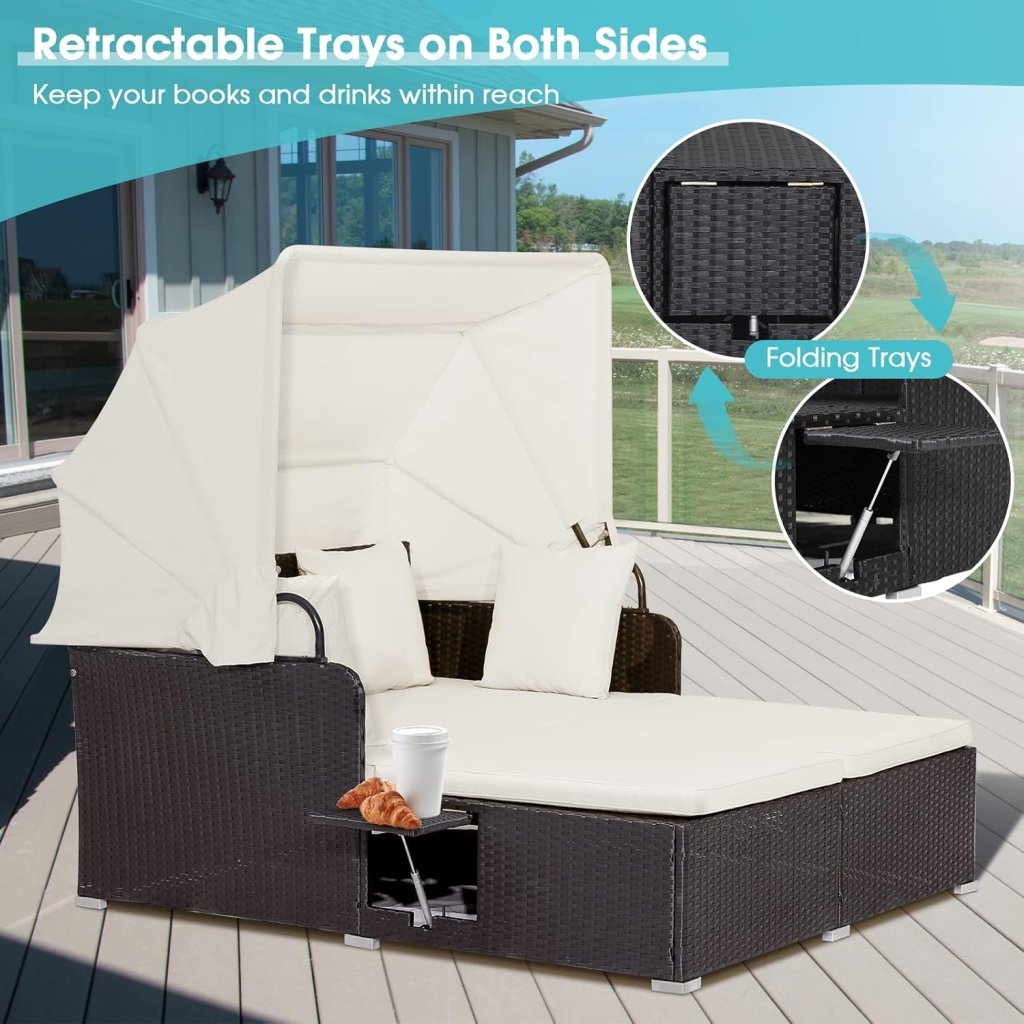 RELAX4LIFE Patio Outdoor Daybed with Canopy, Wicker Sunbed w/Cushions, 4 Pillows & 2 Retractable Side Trays, 2 - Person Lounge Bed Conversation for Poolside Porch Garden, Rattan Outdoor Bed (Turquoise) - Wigtrends