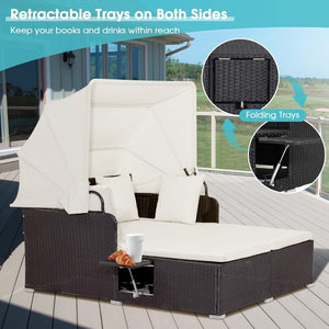 RELAX4LIFE Patio Outdoor Daybed with Canopy, Wicker Sunbed w/Cushions, 4 Pillows & 2 Retractable Side Trays, 2 - Person Lounge Bed Conversation for Poolside Porch Garden, Rattan Outdoor Bed (Turquoise) - Wigtrends