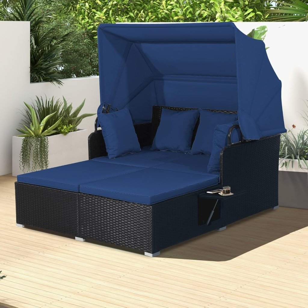 RELAX4LIFE Patio Outdoor Daybed with Canopy, Wicker Sunbed w/Cushions, 4 Pillows & 2 Retractable Side Trays, 2 - Person Lounge Bed Conversation for Poolside Porch Garden, Rattan Outdoor Bed (Turquoise) - Wigtrends