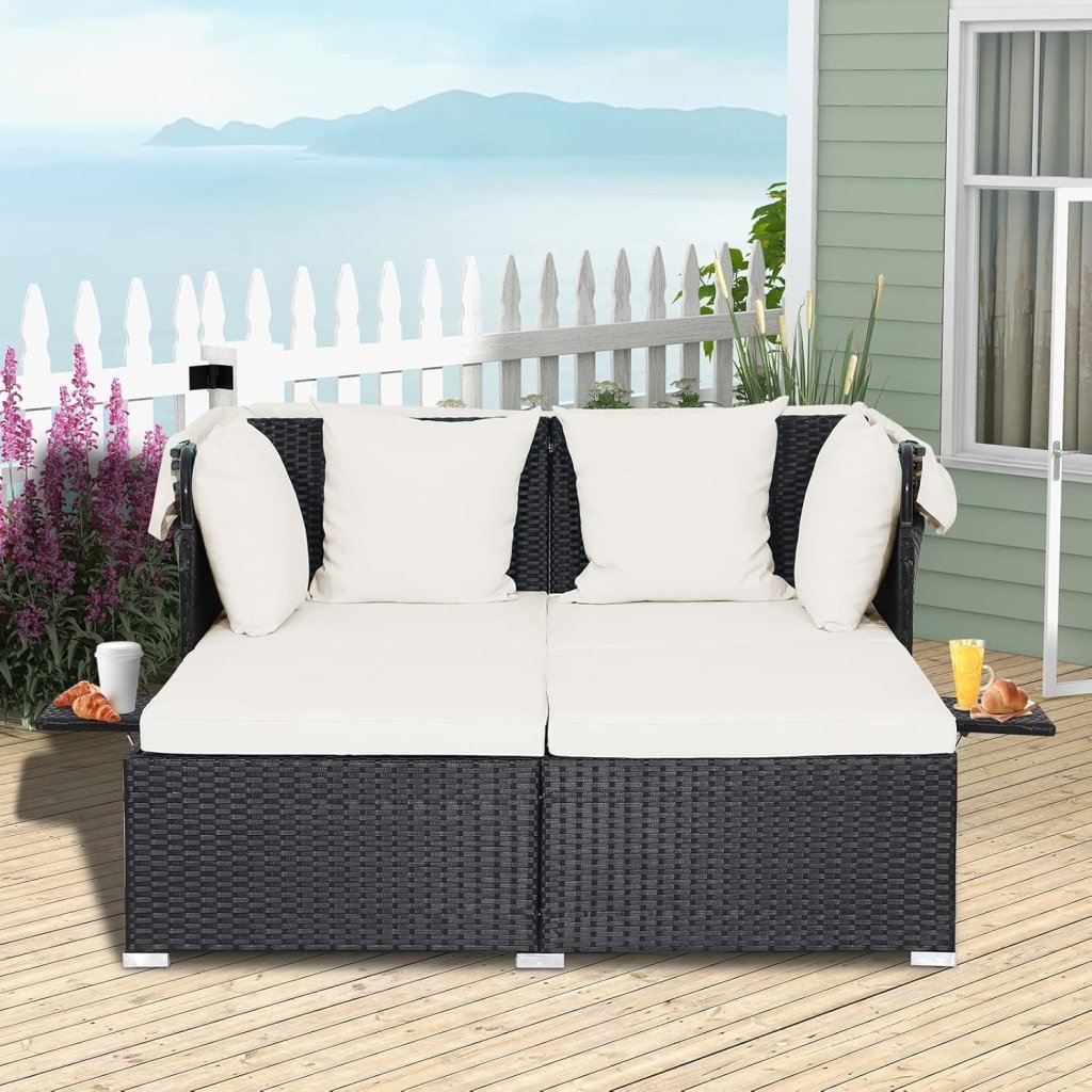 RELAX4LIFE Patio Outdoor Daybed with Canopy, Wicker Sunbed w/Cushions, 4 Pillows & 2 Retractable Side Trays, 2 - Person Lounge Bed Conversation for Poolside Porch Garden, Rattan Outdoor Bed (Turquoise) - Wigtrends