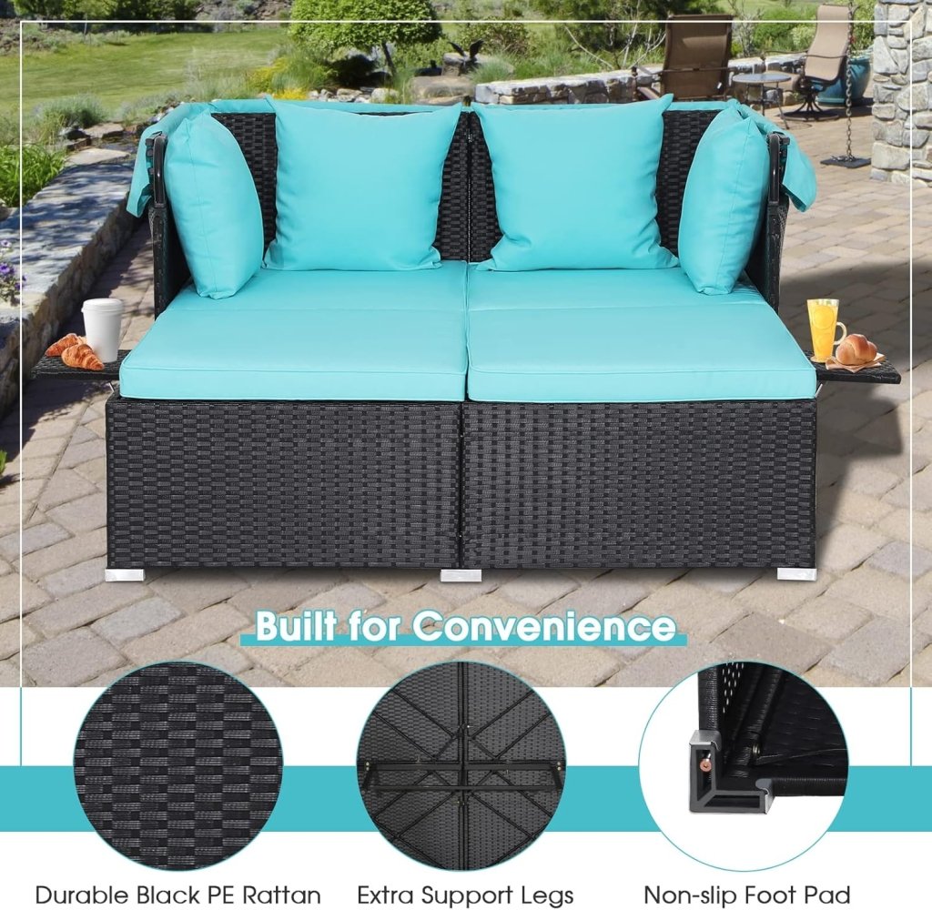 RELAX4LIFE Patio Outdoor Daybed with Canopy, Wicker Sunbed w/Cushions, 4 Pillows & 2 Retractable Side Trays, 2 - Person Lounge Bed Conversation for Poolside Porch Garden, Rattan Outdoor Bed (Turquoise) - Wigtrends