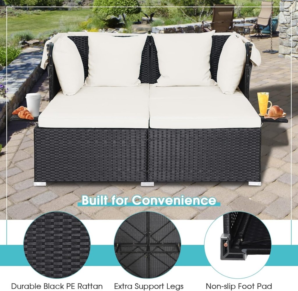 RELAX4LIFE Patio Outdoor Daybed with Canopy, Wicker Sunbed w/Cushions, 4 Pillows & 2 Retractable Side Trays, 2 - Person Lounge Bed Conversation for Poolside Porch Garden, Rattan Outdoor Bed (Turquoise) - Wigtrends