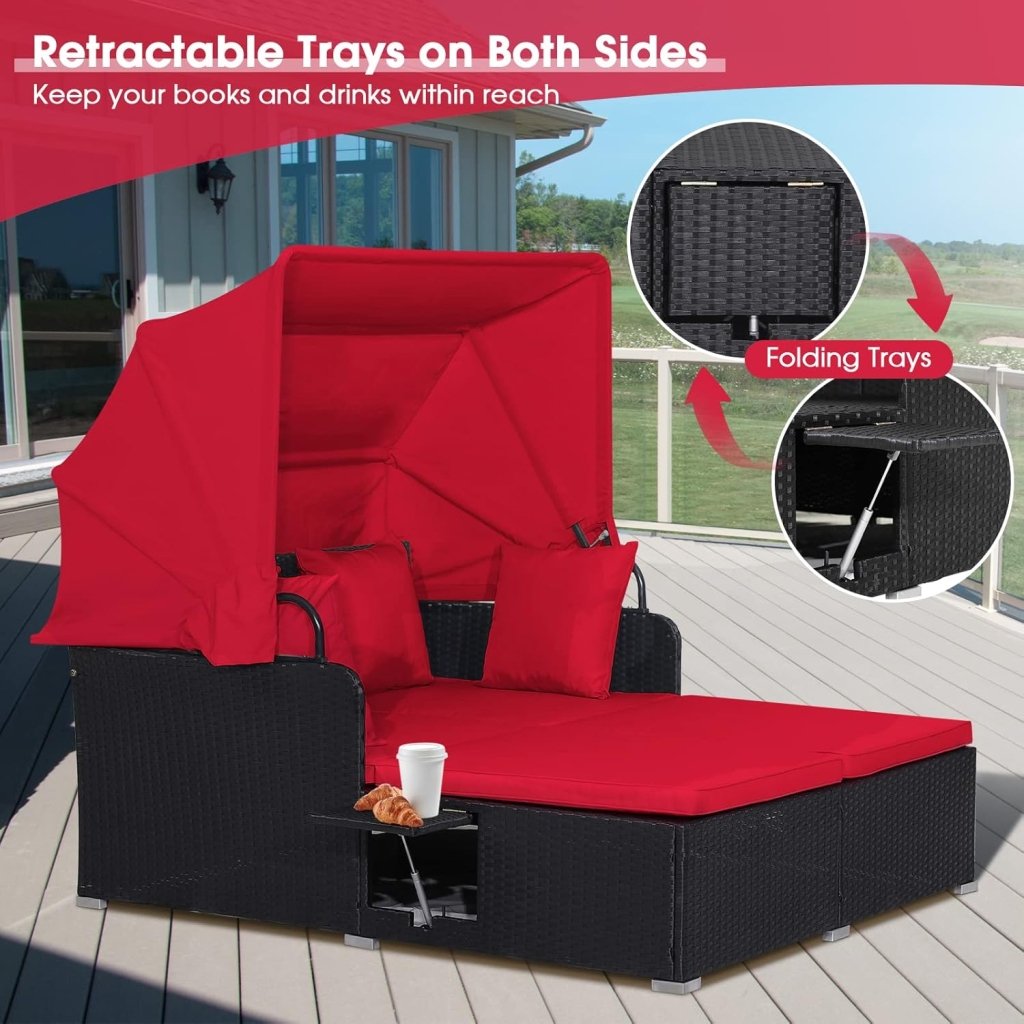 RELAX4LIFE Patio Outdoor Daybed with Canopy, Wicker Sunbed w/Cushions, 4 Pillows & 2 Retractable Side Trays, 2 - Person Lounge Bed Conversation for Poolside Porch Garden, Rattan Outdoor Bed (Turquoise) - Wigtrends