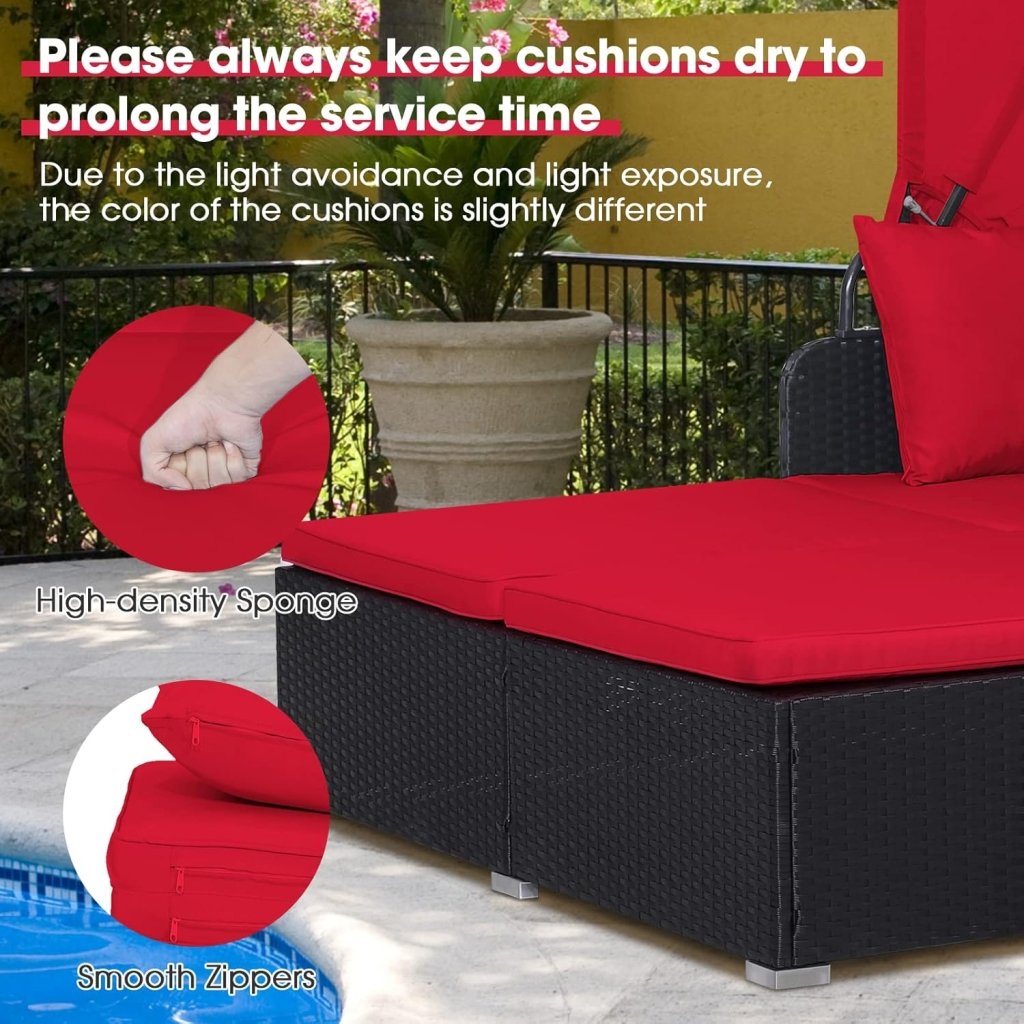 RELAX4LIFE Patio Outdoor Daybed with Canopy, Wicker Sunbed w/Cushions, 4 Pillows & 2 Retractable Side Trays, 2 - Person Lounge Bed Conversation for Poolside Porch Garden, Rattan Outdoor Bed (Turquoise) - Wigtrends