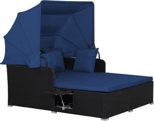 RELAX4LIFE Patio Outdoor Daybed with Canopy, Wicker Sunbed w/Cushions, 4 Pillows & 2 Retractable Side Trays, 2 - Person Lounge Bed Conversation for Poolside Porch Garden, Rattan Outdoor Bed (Turquoise) - Wigtrends