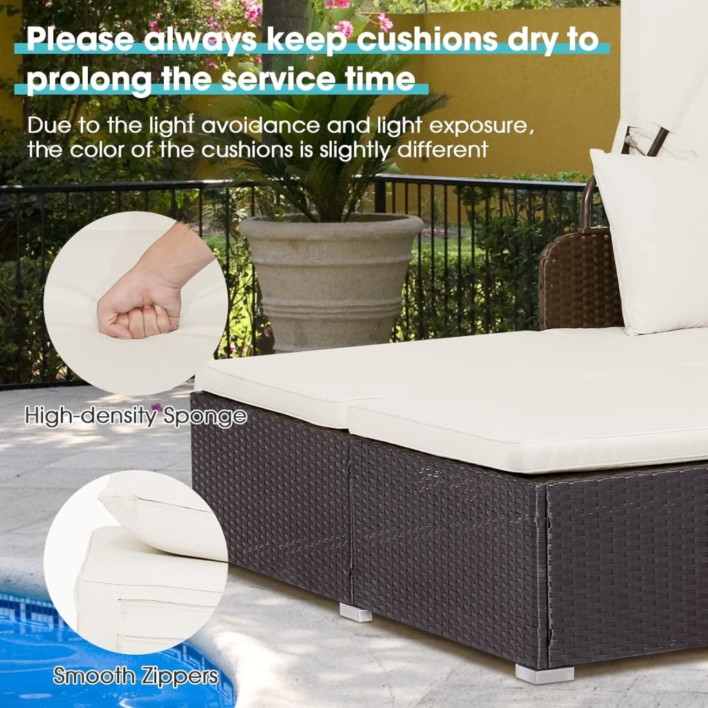 RELAX4LIFE Patio Outdoor Daybed with Canopy, Wicker Sunbed w/Cushions, 4 Pillows & 2 Retractable Side Trays, 2 - Person Lounge Bed Conversation for Poolside Porch Garden, Rattan Outdoor Bed (Turquoise) - Wigtrends