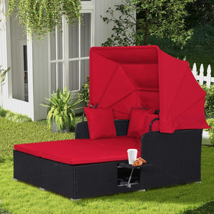 RELAX4LIFE Patio Outdoor Daybed with Canopy, Wicker Sunbed w/Cushions, 4 Pillows & 2 Retractable Side Trays, 2 - Person Lounge Bed Conversation for Poolside Porch Garden, Rattan Outdoor Bed (Turquoise) - Wigtrends