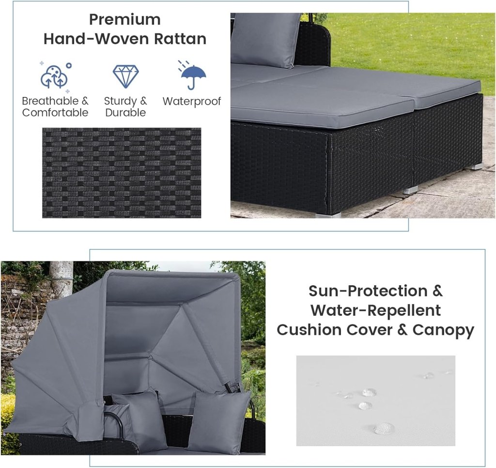 RELAX4LIFE Patio Outdoor Daybed with Canopy, Wicker Sunbed w/Cushions, 4 Pillows & 2 Retractable Side Trays, 2 - Person Lounge Bed Conversation for Poolside Porch Garden, Rattan Outdoor Bed (Turquoise) - Wigtrends