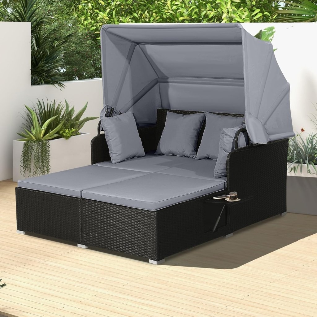 RELAX4LIFE Patio Outdoor Daybed with Canopy, Wicker Sunbed w/Cushions, 4 Pillows & 2 Retractable Side Trays, 2 - Person Lounge Bed Conversation for Poolside Porch Garden, Rattan Outdoor Bed (Turquoise) - Wigtrends