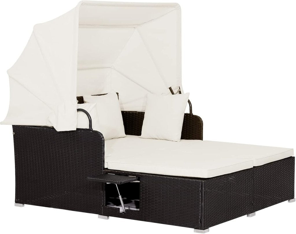 RELAX4LIFE Patio Outdoor Daybed with Canopy, Wicker Sunbed w/Cushions, 4 Pillows & 2 Retractable Side Trays, 2 - Person Lounge Bed Conversation for Poolside Porch Garden, Rattan Outdoor Bed (Turquoise) - Wigtrends