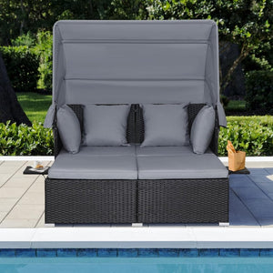 RELAX4LIFE Patio Outdoor Daybed with Canopy, Wicker Sunbed w/Cushions, 4 Pillows & 2 Retractable Side Trays, 2 - Person Lounge Bed Conversation for Poolside Porch Garden, Rattan Outdoor Bed (Turquoise) - Wigtrends