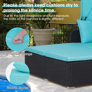 RELAX4LIFE Patio Outdoor Daybed with Canopy, Wicker Sunbed w/Cushions, 4 Pillows & 2 Retractable Side Trays, 2 - Person Lounge Bed Conversation for Poolside Porch Garden, Rattan Outdoor Bed (Turquoise) - Wigtrends