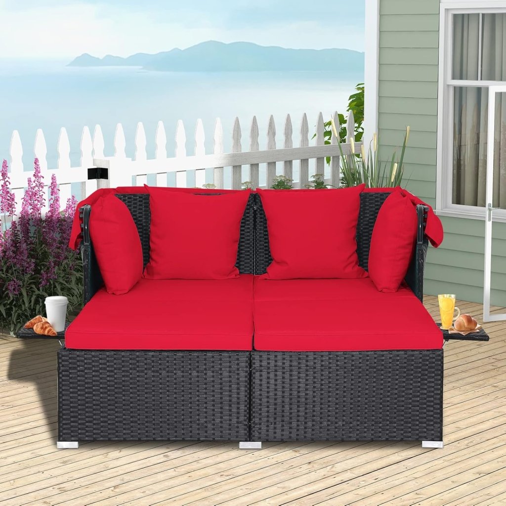 RELAX4LIFE Patio Outdoor Daybed with Canopy, Wicker Sunbed w/Cushions, 4 Pillows & 2 Retractable Side Trays, 2 - Person Lounge Bed Conversation for Poolside Porch Garden, Rattan Outdoor Bed (Turquoise) - Wigtrends