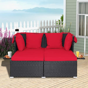 RELAX4LIFE Patio Outdoor Daybed with Canopy, Wicker Sunbed w/Cushions, 4 Pillows & 2 Retractable Side Trays, 2 - Person Lounge Bed Conversation for Poolside Porch Garden, Rattan Outdoor Bed (Turquoise) - Wigtrends