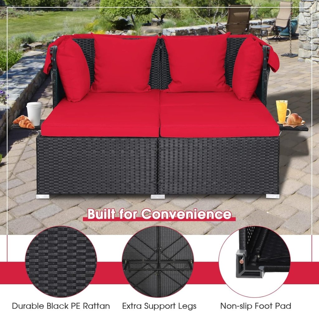 RELAX4LIFE Patio Outdoor Daybed with Canopy, Wicker Sunbed w/Cushions, 4 Pillows & 2 Retractable Side Trays, 2 - Person Lounge Bed Conversation for Poolside Porch Garden, Rattan Outdoor Bed (Turquoise) - Wigtrends