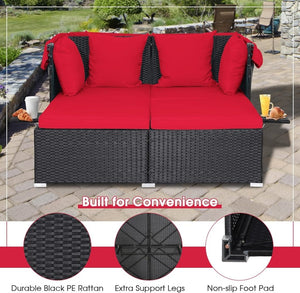 RELAX4LIFE Patio Outdoor Daybed with Canopy, Wicker Sunbed w/Cushions, 4 Pillows & 2 Retractable Side Trays, 2 - Person Lounge Bed Conversation for Poolside Porch Garden, Rattan Outdoor Bed (Turquoise) - Wigtrends
