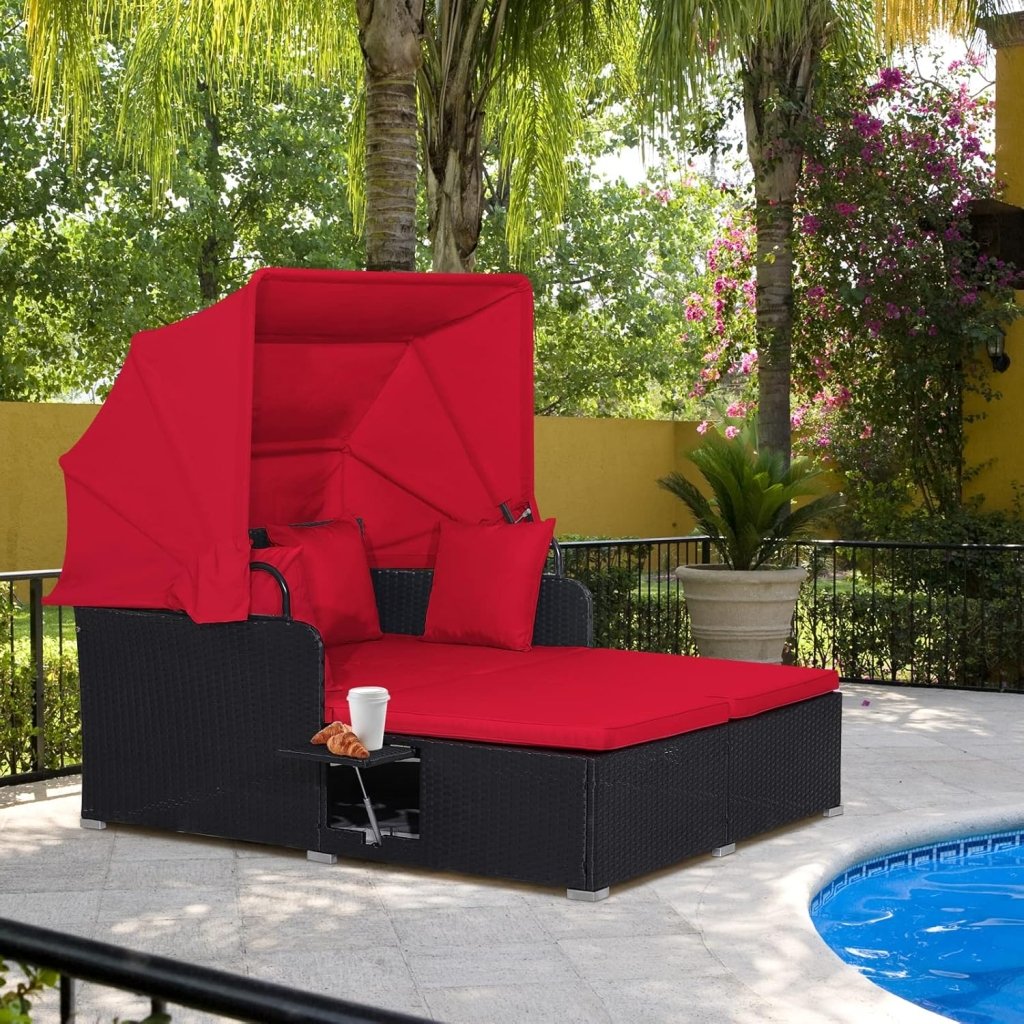 RELAX4LIFE Patio Outdoor Daybed with Canopy, Wicker Sunbed w/Cushions, 4 Pillows & 2 Retractable Side Trays, 2 - Person Lounge Bed Conversation for Poolside Porch Garden, Rattan Outdoor Bed (Turquoise) - Wigtrends