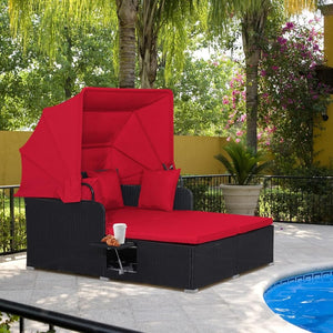 RELAX4LIFE Patio Outdoor Daybed with Canopy, Wicker Sunbed w/Cushions, 4 Pillows & 2 Retractable Side Trays, 2 - Person Lounge Bed Conversation for Poolside Porch Garden, Rattan Outdoor Bed (Turquoise) - Wigtrends