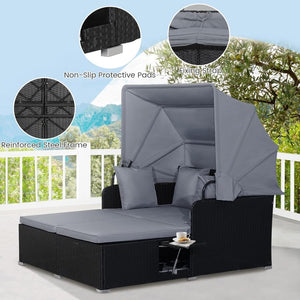 RELAX4LIFE Patio Outdoor Daybed with Canopy, Wicker Sunbed w/Cushions, 4 Pillows & 2 Retractable Side Trays, 2 - Person Lounge Bed Conversation for Poolside Porch Garden, Rattan Outdoor Bed (Turquoise) - Wigtrends