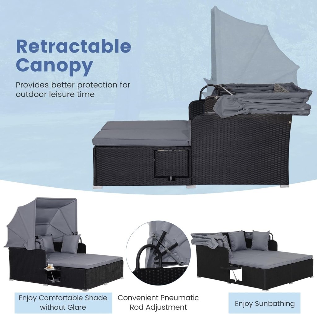 RELAX4LIFE Patio Outdoor Daybed with Canopy, Wicker Sunbed w/Cushions, 4 Pillows & 2 Retractable Side Trays, 2 - Person Lounge Bed Conversation for Poolside Porch Garden, Rattan Outdoor Bed (Turquoise) - Wigtrends
