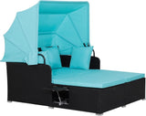 RELAX4LIFE Patio Outdoor Daybed with Canopy, Wicker Sunbed w/Cushions, 4 Pillows & 2 Retractable Side Trays, 2 - Person Lounge Bed Conversation for Poolside Porch Garden, Rattan Outdoor Bed (Turquoise) - Wigtrends