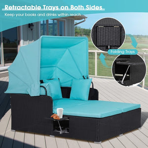 RELAX4LIFE Patio Outdoor Daybed with Canopy, Wicker Sunbed w/Cushions, 4 Pillows & 2 Retractable Side Trays, 2 - Person Lounge Bed Conversation for Poolside Porch Garden, Rattan Outdoor Bed (Turquoise) - Wigtrends