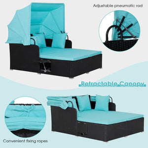 RELAX4LIFE Patio Outdoor Daybed with Canopy, Wicker Sunbed w/Cushions, 4 Pillows & 2 Retractable Side Trays, 2 - Person Lounge Bed Conversation for Poolside Porch Garden, Rattan Outdoor Bed (Turquoise) - Wigtrends