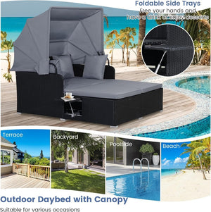 RELAX4LIFE Patio Outdoor Daybed with Canopy, Wicker Sunbed w/Cushions, 4 Pillows & 2 Retractable Side Trays, 2 - Person Lounge Bed Conversation for Poolside Porch Garden, Rattan Outdoor Bed (Turquoise) - Wigtrends