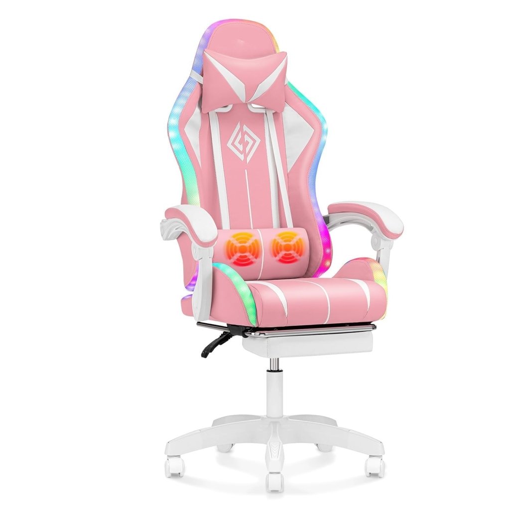 RGB Gaming Chair with Massage and LED Lights Ergonomic Computer Chair with Footrest High Back Reclining Video Game Chair with Adjustable Lumbar Support Light Blue and White - Wigtrends