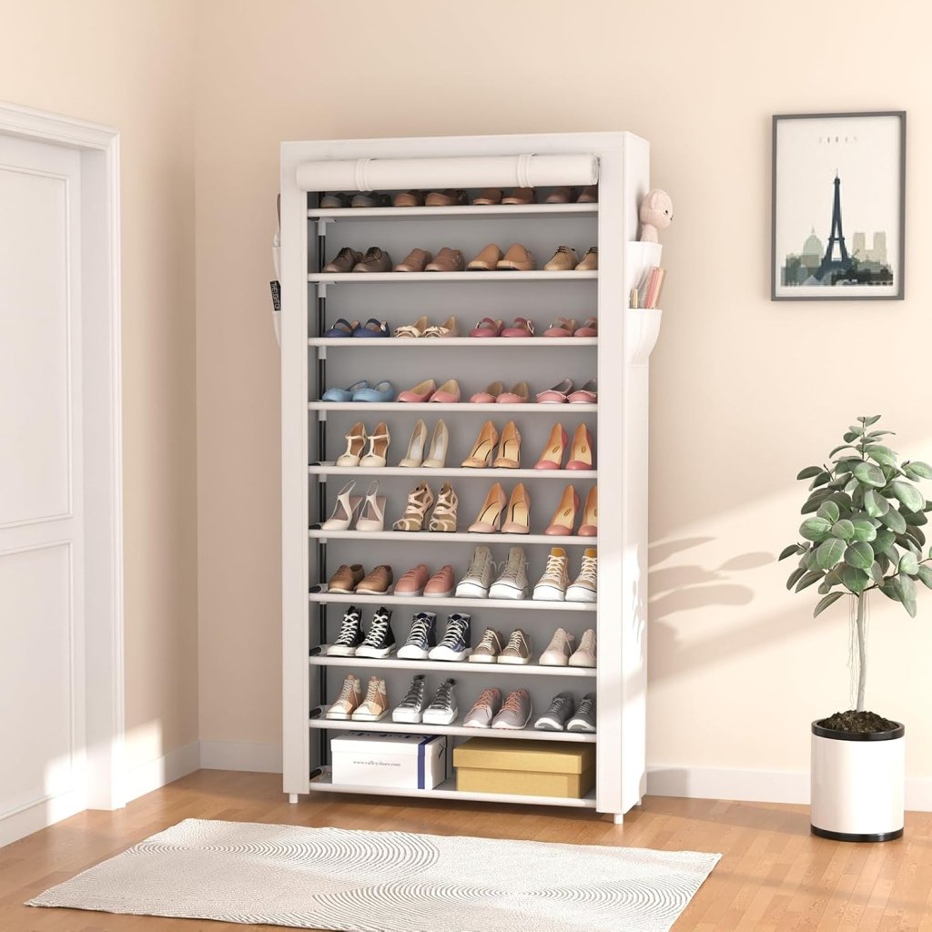 ROJASOP 10 Tier Shoe Rack with Covers,Large Capacity Stackable Tall Shoe Shelf Storage to 50 - 55 Pairs Shoes and Boots Sturdy Metal Free Standing Shoe Rack Organizer for Closet Entryway Garage - Wigtrends