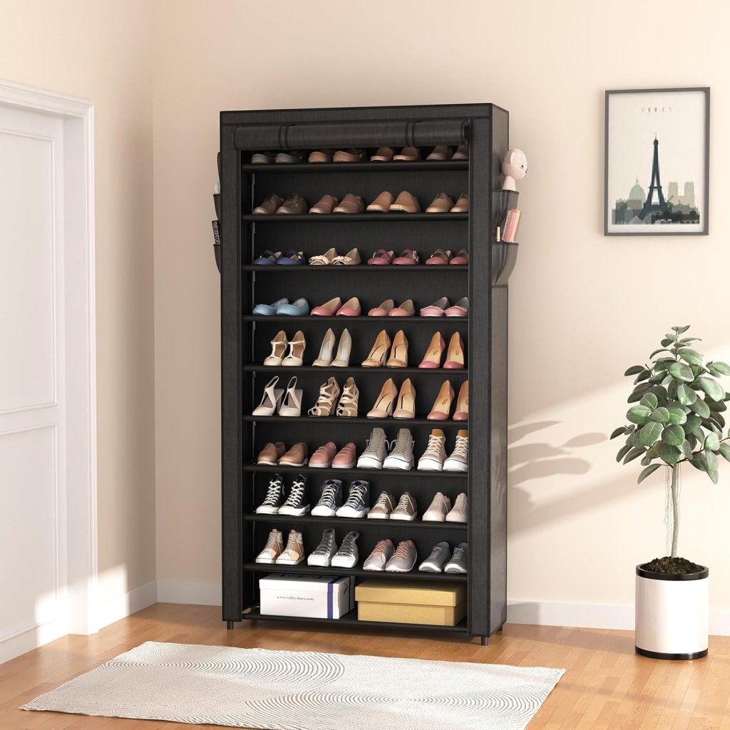 ROJASOP 10 Tier Shoe Rack with Covers,Large Capacity Stackable Tall Shoe Shelf Storage to 50 - 55 Pairs Shoes and Boots Sturdy Metal Free Standing Shoe Rack Organizer for Closet Entryway Garage - Wigtrends